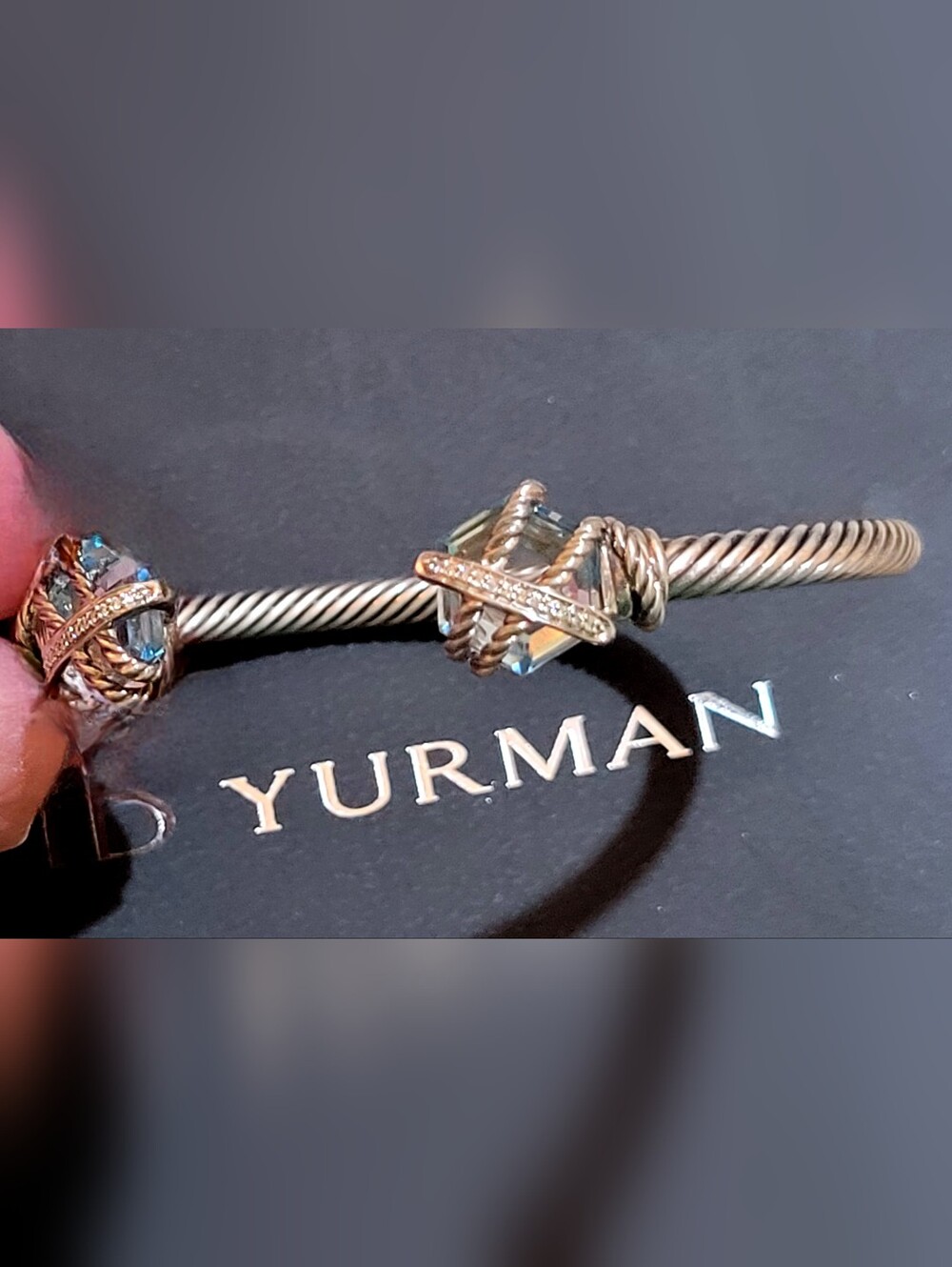 David Yurman Blue Topaz and Pave Diamond 4 mm Cable Wire Bracelet - Picture 4 of 16